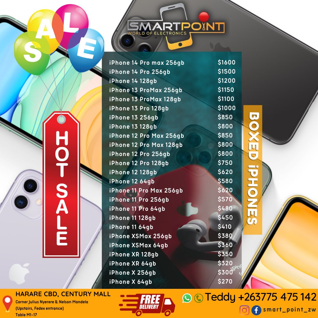 smartpointzw's tweet photo. iPhone 14ProMax 256gb $1600
iPhone 12ProMax 128gb $800
iPhone 11 ProMax 256gig $620
iPhone 11 128gig  $450
iPhone XSMAX 256gb $380
iPhone Xr 64gb $320
iPhone X 64gb $270

📲App/Call +263775475142
📍Century Mall Upstairs table M1-17 , Julius Nyerere and Nelson Mandela, Hre https://t.co/IwofpfxrTs