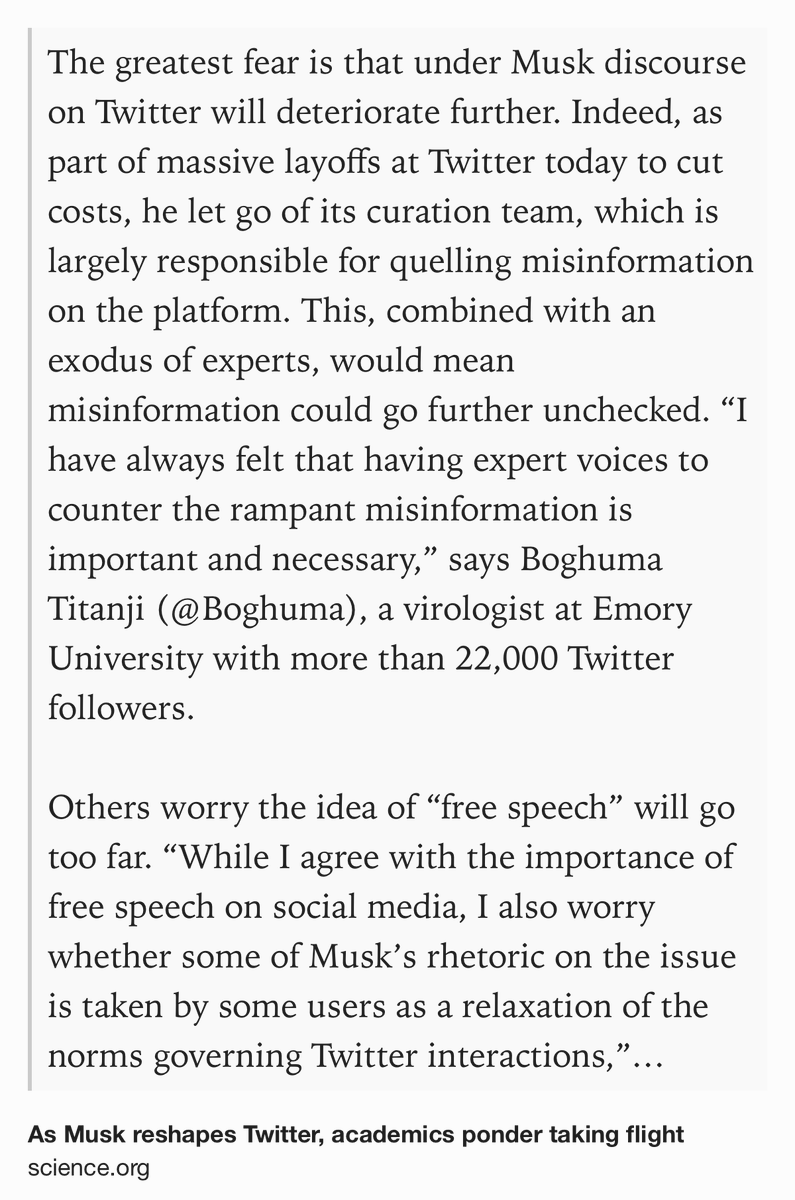 drbob's tweet image. Smart Move: Academics leaving Twitter?

“Indeed, the use of racial slurs on the platform spiked after Musk took over the platform, even though he has said the rules have not changed.“

#Twitter #qElon #musk #elonmusk
science.org/content/articl…