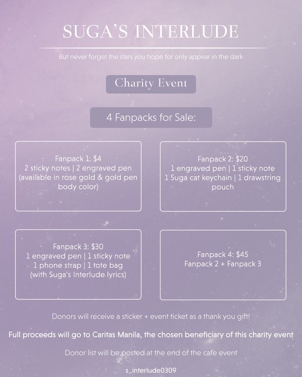 s_interlude0309's tweet photo. [SUGA’s Interlude 🌙✨]

“But never forget the stars you hope for only appear in the dark”

🗓️ 11-12 Mar
📍 PLUS EIGHT TWO

👀 Special event, foamboard raffle giveaway, charity event!

Hope to see you there fam and friends!💜

#BTS #SUGA #BTSSUGA #cafeevent #kpopcafeeventsg https://t.co/SRil8ASt3J