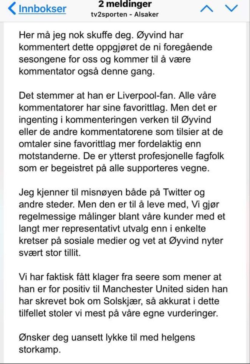 chusby's tweet photo. Her er svaret fra tv2 da jeg klagde på @tv2alsaker skulle kommentere Utd-Liv for noen år siden.

Når skal tv2 innse at han aldri klarer å kommentere favorittlaget sitt på en profesjonell måte?  

Engasjementet forsvinner så fort han innser at det blir tap. 

#2pl #2cl #viaplayPL https://t.co/JOhVAsGIC0