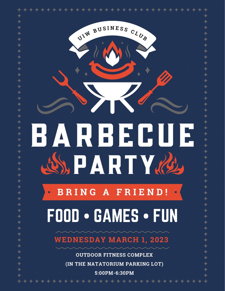 BusinessClubUIW's tweet photo. NEXT WEEK 🔥🍗 

The Business Club invites everyone to relax and enjoy our BBQ! Food will be provided, and there will be yard games for entertainment.

📅 Wednesday March 1, 2023
⏰ 5:00PM-6:30PM
📍 Outdoor Fitness Center (Natatorium Parking Lot) https://t.co/khQXDkresn