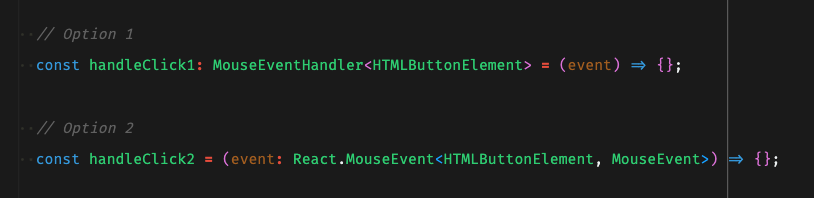 psullivan6's tweet photo. Typescript folks, need some guidance and/or preferences:

Option 1: `MouseEventHandler`

OR

Option 2: `MouseEvent` https://t.co/414iQsZTkI