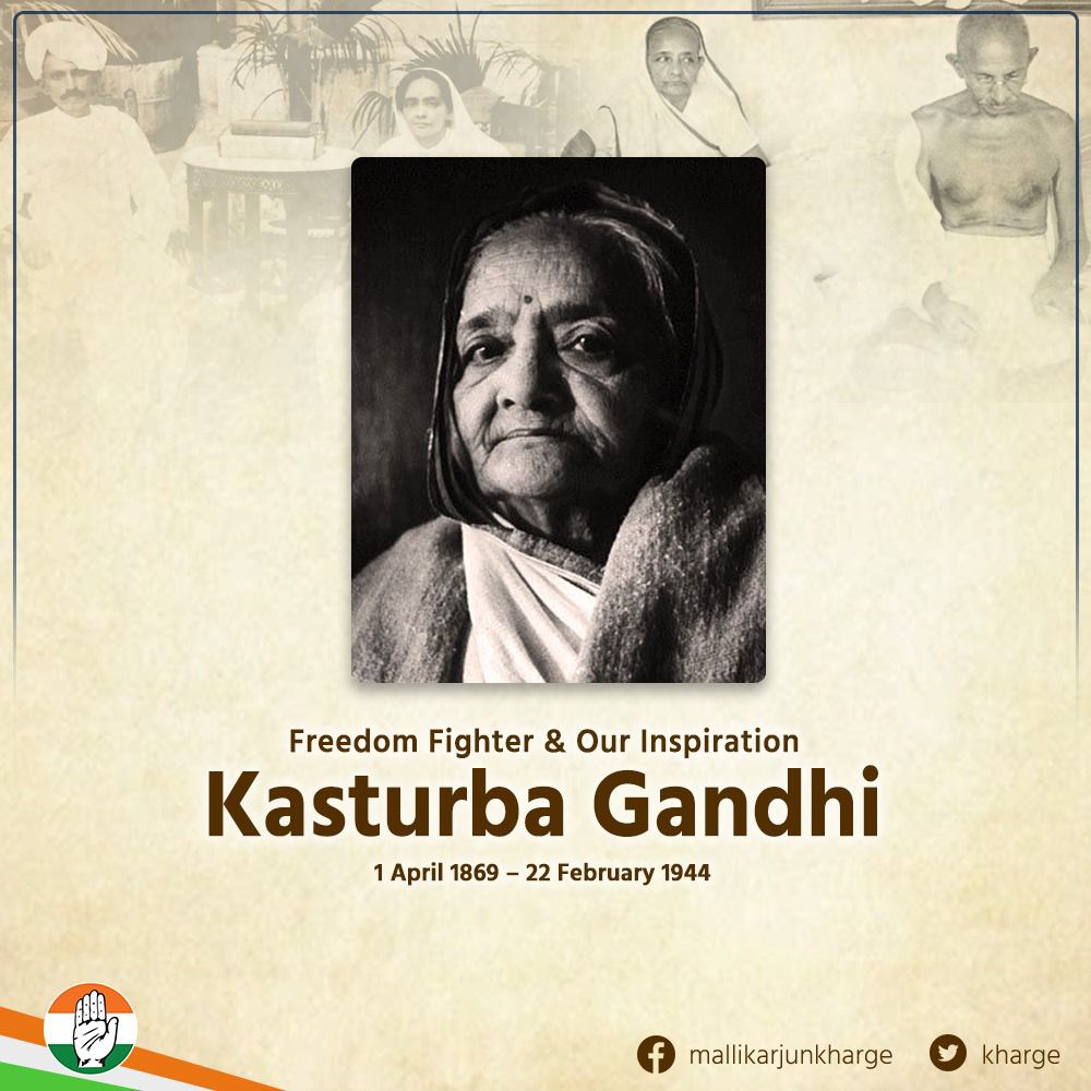 kharge's tweet photo. “Truth and non-violence must be our watchwords”

~ Kasturba Gandhi

Our homage to Kasturba Gandhi, who inspired millions of women to join the National Movement and was an inseparable part of Gandhi ji’s endeavours for the struggle of freedom. https://t.co/4GyFr4U81S