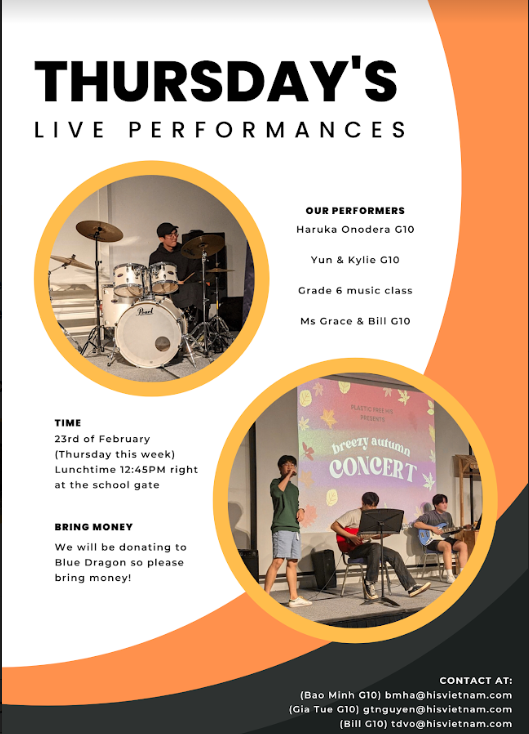 HISVietnam's tweet photo. Our Music MYP learners in Grade 10 are organizing a service project called "Thursday Music Live" with the goal of raising funds for music equipment for Blue Dragon.
#HISLearns #ServiceandAction #Community #Talentedmusicians #Foragreatcause #Inclusion https://t.co/LXYvOnYaXe