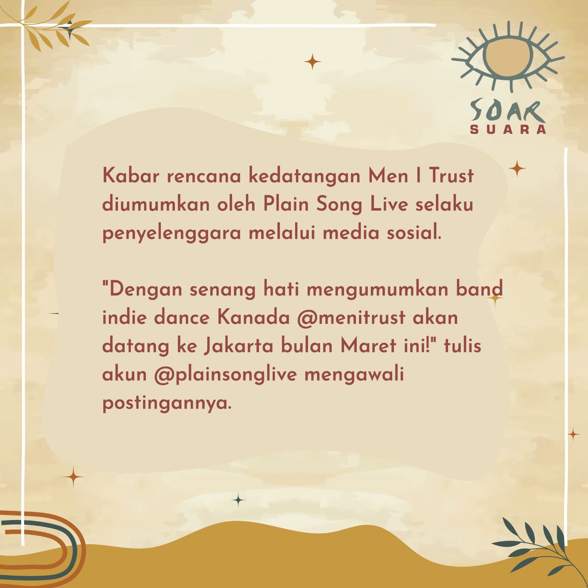 SOARsuara's tweet photo. Unit indie dance asal Kanada, Men I Trust akan menggelar konser di Jakarta pada 14 Maret mendatang di Basketball Hall Senayan GBK.

@menitrust
#soarsuara #infokonser #infomusik #inforeleasan #musikindonesia #musikindie #bandindie #indiedance #livekonser #indiedancemusic #konser https://t.co/ktLeXZi42m