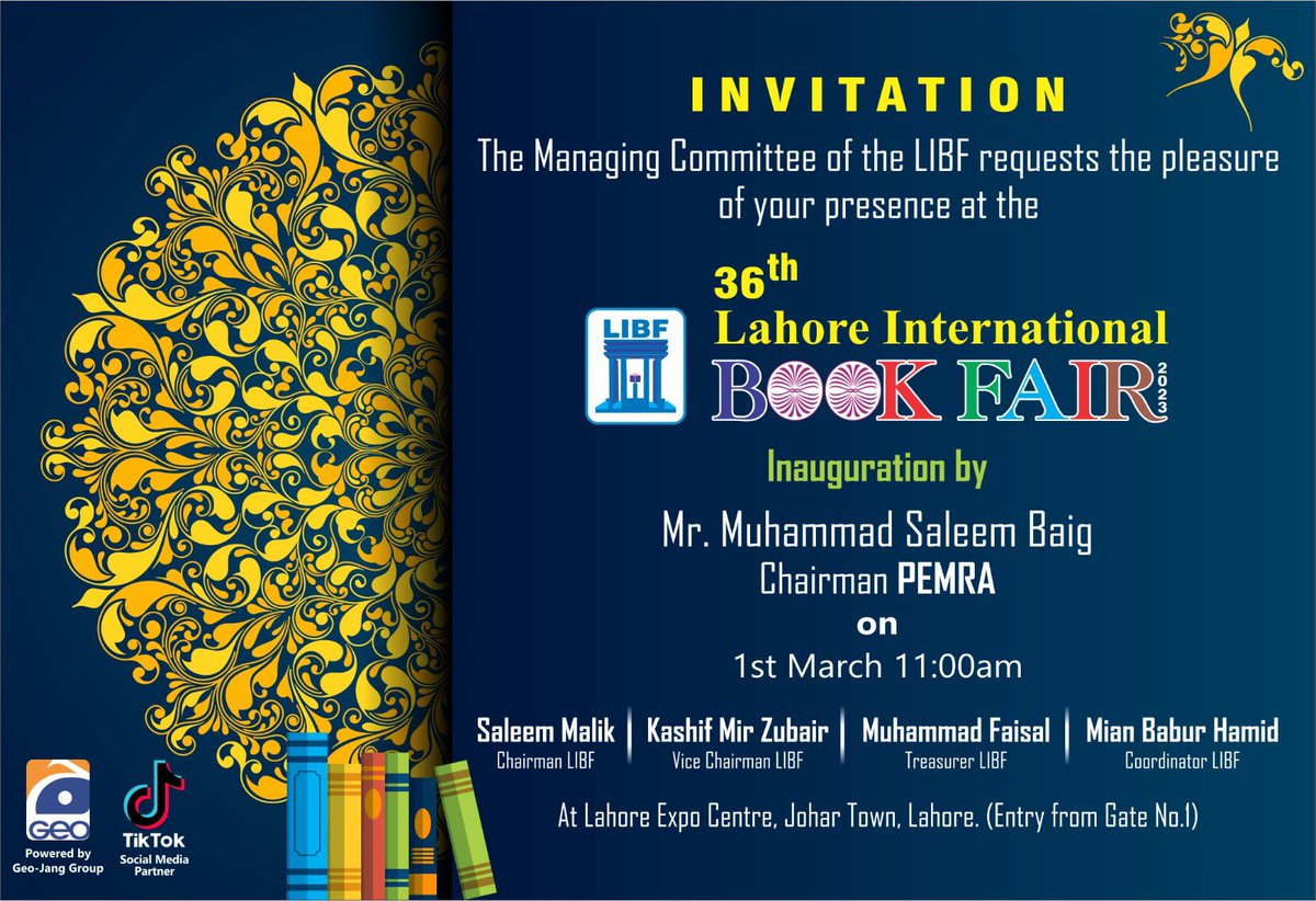 TheLIBF's tweet photo. Dear Readers
You are requested to attend the 36th Lahore International Book Fair
From 1st March to 5th March
10.30am to 20pm at Expo Centre, Lahore
Come One - Come All
#libf2023 #libf36 #LahoreInternationalBookFair #bookfair #Lahore #Kitaab #readingcommunity #books #Expo2023 https://t.co/gKKtHnY9q9