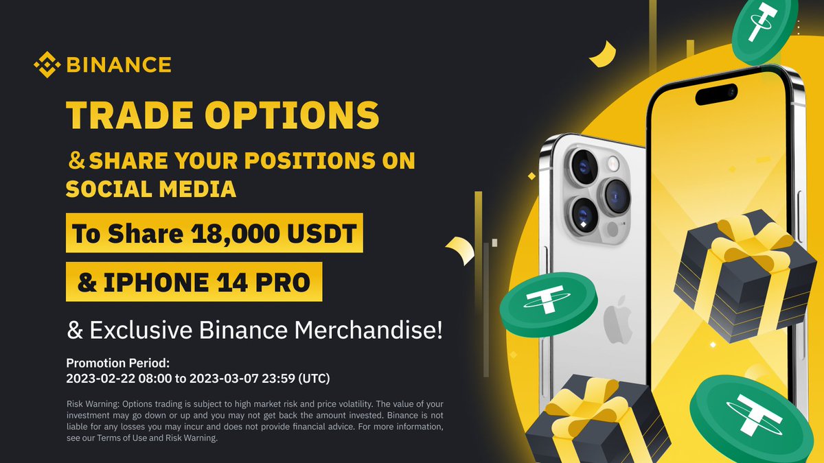 BinanceFutures's tweet photo. 🏅iPhone 14 PRO + 18,000 $USDT giveaway🏅

Rules:
🔸Trade #Binance Options
🔸Share positions on any social media channel
🔸Be the top trader

For full details ➡️ https://t.co/3ugzRZGbLq https://t.co/OwoQVwDLT2