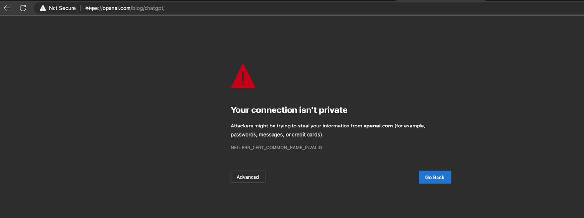 pramttl's tweet photo. Seems like #OpenAI #SSL certificate expired. Anyone else running into this?

Seeing this across multiple browsers, Chrome/Edge. So it's not a local issue.

#ChatGPT https://t.co/74EPoi8yPU