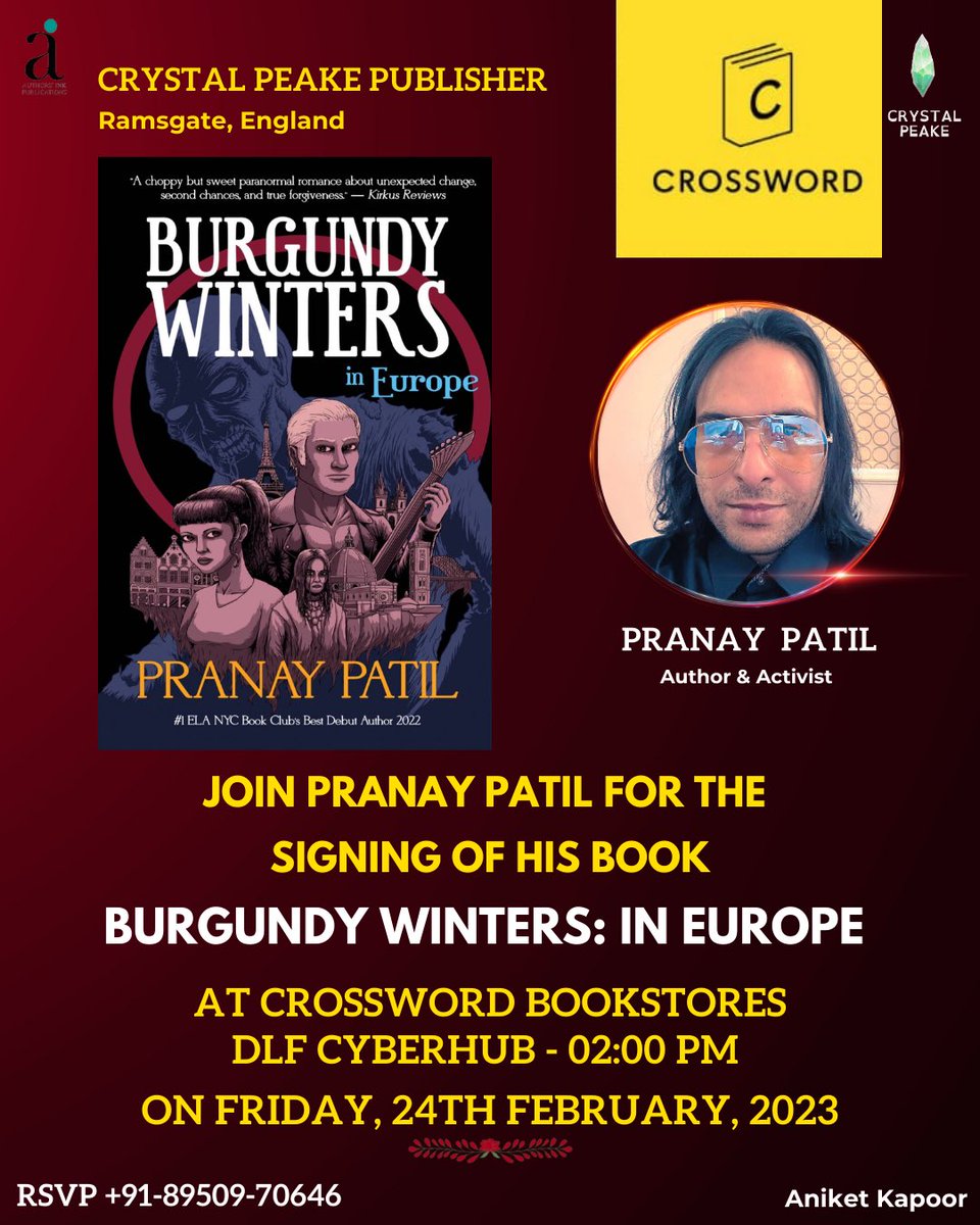 Join me for the signing of my book, “Burgundy Winters: in Europe” at the Crossword Bookstore,DLF Cyber Hub in Gurgaon at 2pm on the 24th of February 2023.Jai Hind!
#dlfcyberhub #gurgaondiaries #delhidiaries❤ #pranayvivekpatil #belgaumdiaries #booksigningevent #crosswordbookstore