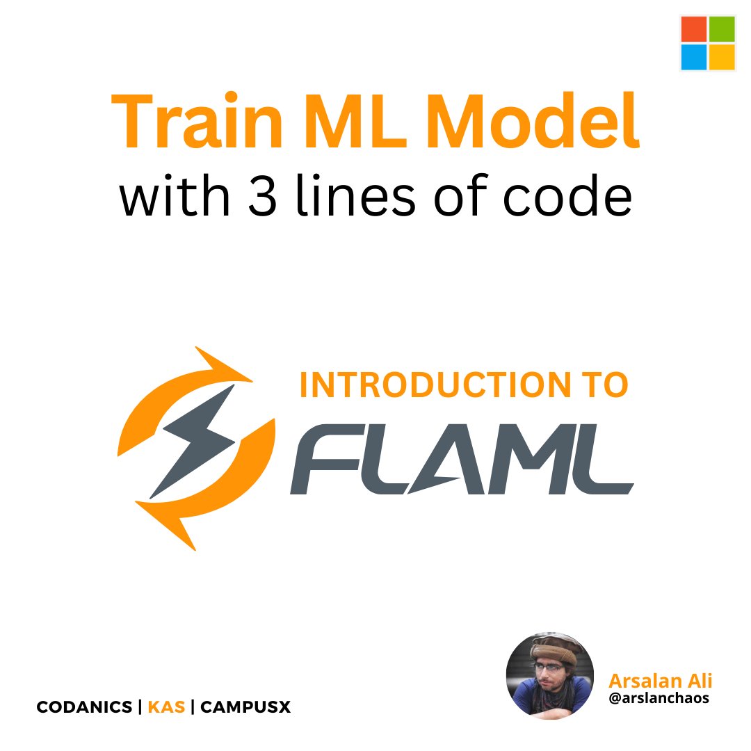 FLAML is a lightweight Python library that finds accurate machine learning models automatically, efficiently and economically. A Thread 🧵👇 #machinelearning #Microsoft #artificialintelligence #deeplearning #datascience #codanics #campusx #dataanalytics #dataanalysis #python