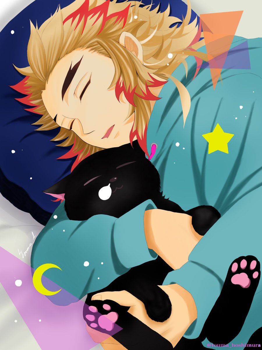 rengoku kyoujurou 1boy blonde hair male focus sleeping red hair cat closed eyes  illustration images