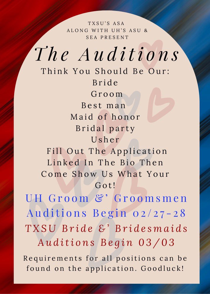 UH_ASU's tweet photo. Hey everyone! For those interested in being a part of the fake wedding, the audition link is now up and running…the link is in the bio so go sign up😁🫶🏾✨

#fakewedding #asa #asu #sea #UH23 #UH24 #UH25 #UH26 #TXSU23 #TXSU24 #TXSU25 #TXSU26 #africanstudentassociation https://t.co/Ntv2AyyAEf