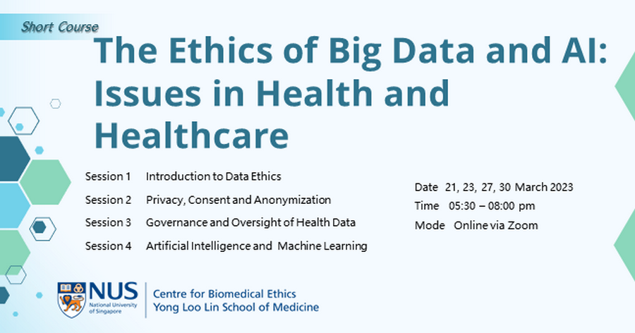 NUS Centre for Biomedical Ethics (@nus_cbme) on Twitter photo 📢 Short Course
Ethics of #BigData & #AI: Issues in Health & Healthcare
@JulianSavulescu <a href="/G_Owen_Schaefer/">G. Owen Schaefer</a> V Cole @AMurali284
21, 23, 27, 30 March 2023
NYC 5:30-8am
UK 21/23 9:30am-12pm - 27/30 10:30am-1pm
Delhi 3-5:30pm
SG 5:30-8pm
Sydney 8:30-11pm
➡️medicine.nus.edu.sg/cbme/education…⬅️ 📢 Short Course
Ethics of #BigData & #AI: Issues in Health & Healthcare
@JulianSavulescu <a href="/G_Owen_Schaefer/">G. Owen Schaefer</a> V Cole @AMurali284
21, 23, 27, 30 March 2023
NYC 5:30-8am
UK 21/23 9:30am-12pm - 27/30 10:30am-1pm
Delhi 3-5:30pm
SG 5:30-8pm
Sydney 8:30-11pm
➡️medicine.nus.edu.sg/cbme/education…⬅️