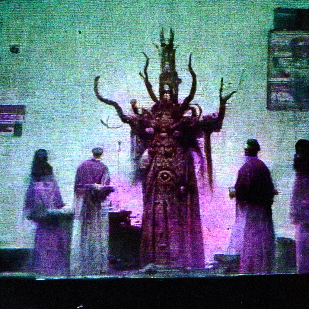 EldritchCult's tweet photo. In a fuzzy VHS recording, a blasphemous ceremony was underway in an old, dilapidated church. As the ceremony ended, the participants brought out a statue of the god they worshiped in hopes this will be the day their god break free from its prison https://t.co/Rd3QJkdXZM