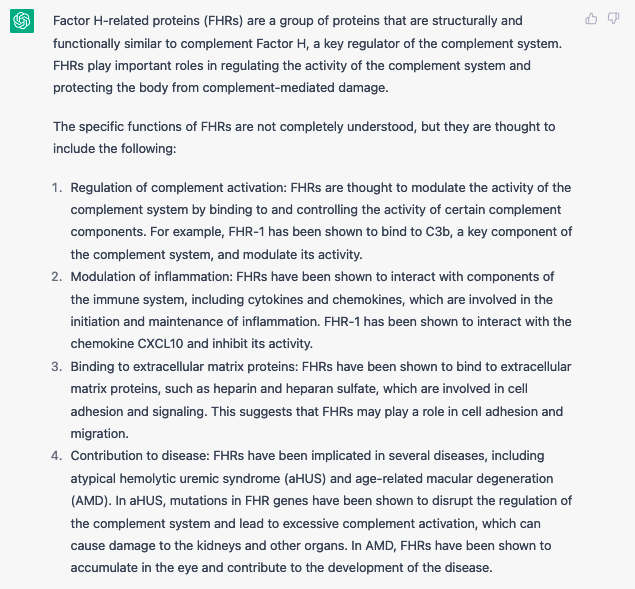 We asked ChatGPT:
- What are the functions of the Factor H-related proteins? 

The answer we got was pretty good! 

#complementbiology