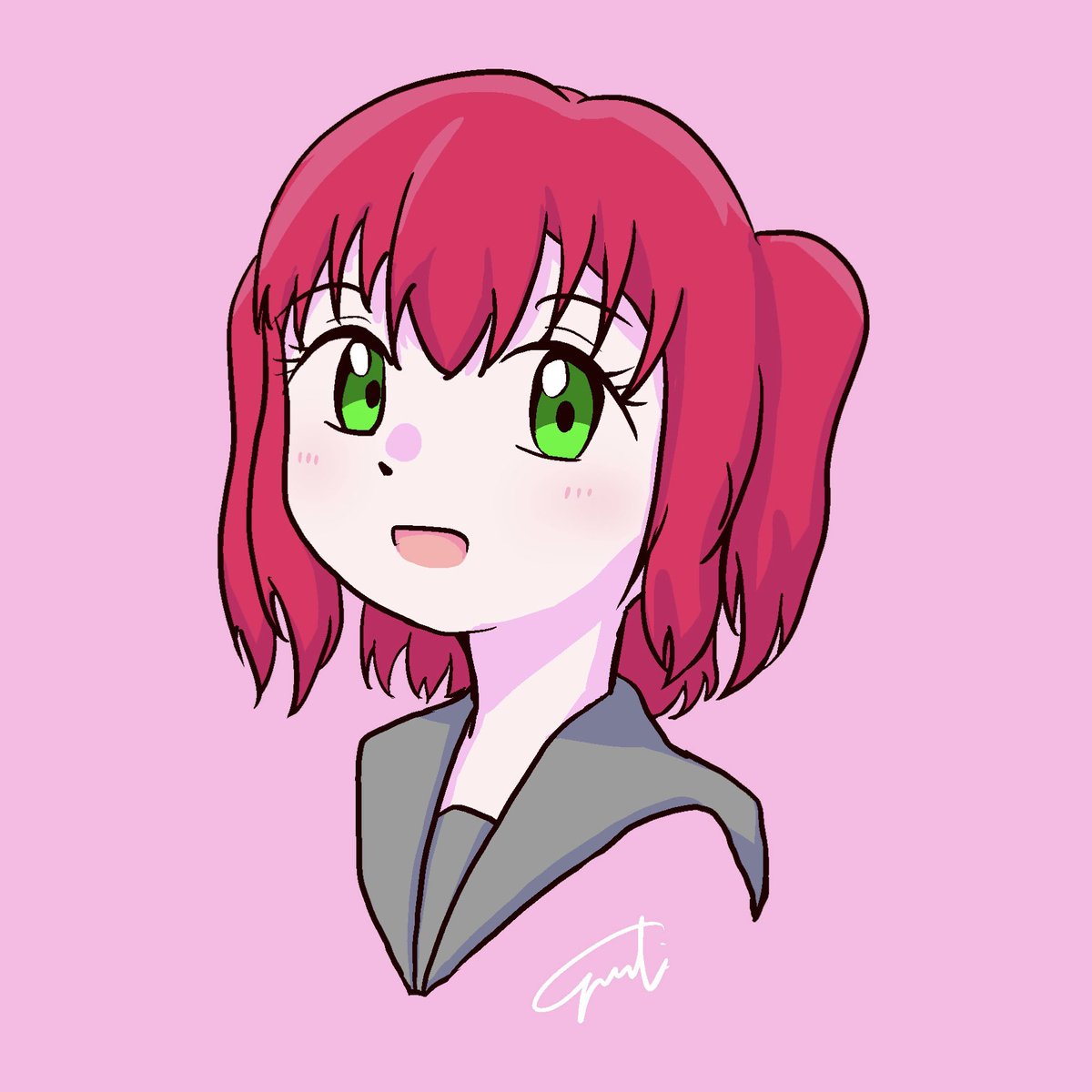 kurosawa ruby 1girl solo red hair green eyes open mouth pink background smile  illustration images