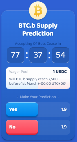 BaaBaaStudios's tweet photo. Let's predict the $BTC.b supply!

Will the $BTC.b supply reach 7,500 before 1st Mar(~00:00 UTC+0)?

The current supply is about 6,660

Thanks to our @DuneAnalytics wizards for offering the supply chart, @gfk_acid!

The criteria will be his #Dune dashboard🙏 https://t.co/ttMVF8kEjF
