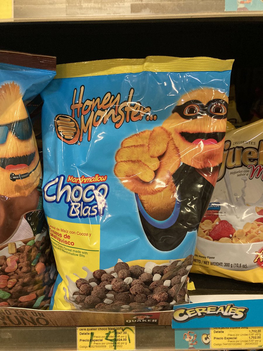 While browsing the cereal section at a grocery store in Costa Rica I was convinced this cereal mascot stole <a href="/GrittyNHL/">Gritty</a>’s look. #gritty