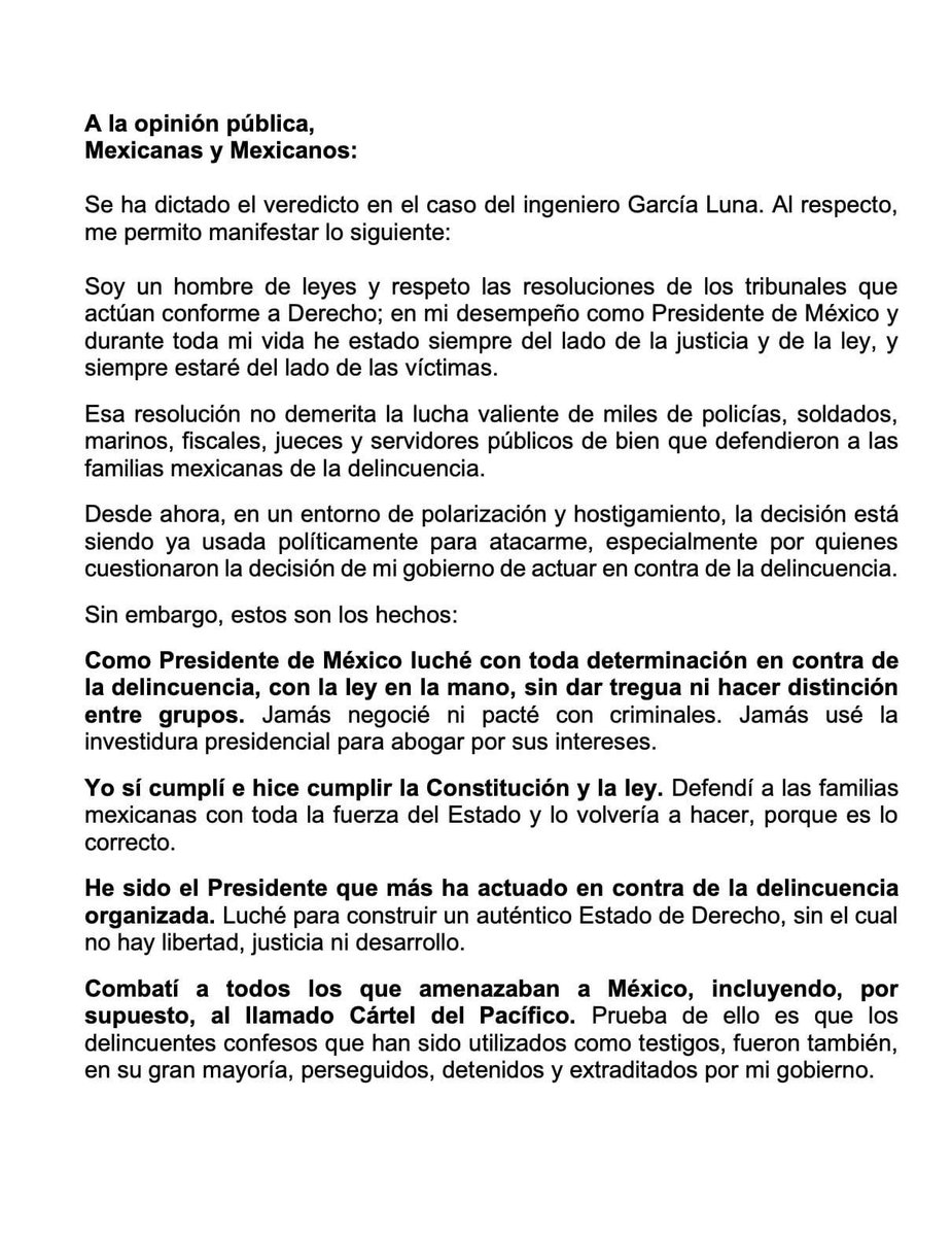 Adela_Micha's tweet photo. 🚨#AHORA | El expresidente Felipe Calderón fija postura tras el veredicto de culpabilidad contra Genaro García Luna, quien fuera secretario de Seguridad durante su sexenio. https://t.co/bAM2HteMls