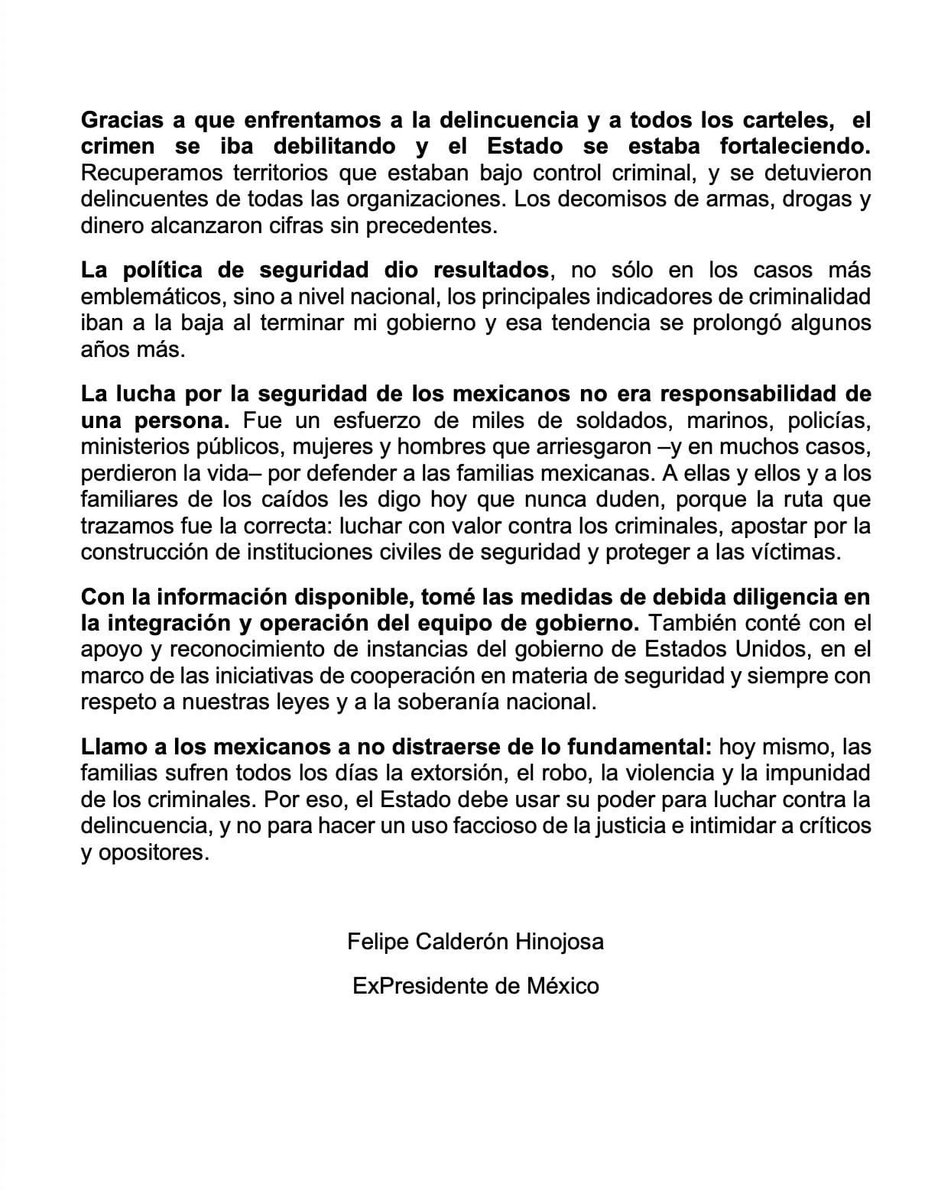 Adela_Micha's tweet photo. 🚨#AHORA | El expresidente Felipe Calderón fija postura tras el veredicto de culpabilidad contra Genaro García Luna, quien fuera secretario de Seguridad durante su sexenio. https://t.co/bAM2HteMls