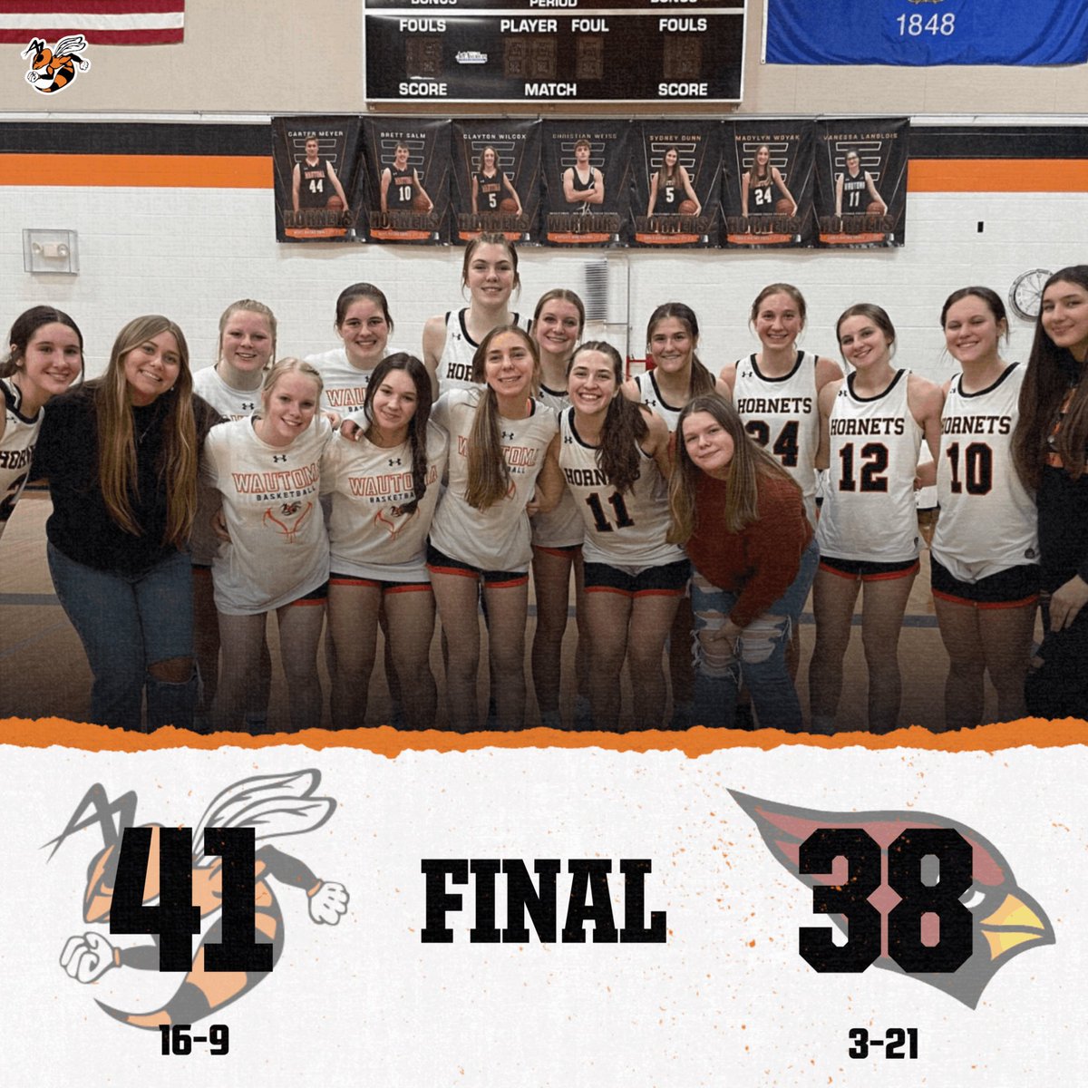 WautomaGBB's tweet photo. Survive and Advance! 
Hornets beat Mayville 41-38 to advance to Round 2, Friday, vs Lakeside Lutheran! 

@BriannaBuechner•20pts•2stl
@alaynapanich11•9pts•4ast
@groskre1•5pts•2stl
@sydneyydunn•5pts•3rbs
@bryn145•2pts•2rbs
@MadylynWoyak•3rbs•🔒D

#SwarmTogether
#wisgb https://t.co/adrYghPiVG