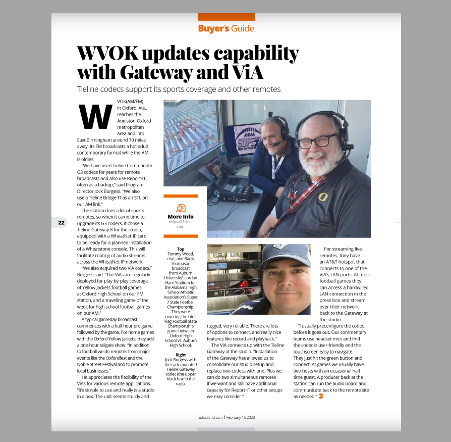 Tieline's tweet image. #RadioWorld recently featured #WVOK and how #Tieline #Gateway and #ViA codecs deliver sports #broadcasts and other remotes. Read at ow.ly/EzvY50MYSN2 #AoIP #radio #broadcasting