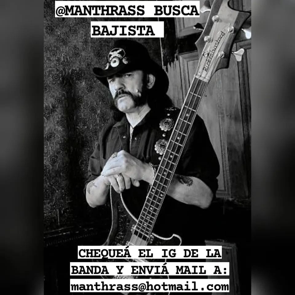 Manthrass's tweet image. @Manthrass busca bajista!!
Si pensás que éste es tú momento, chequeá los requisitos en el Instagram de la banda: instagram.com/manthrass y envía mail a: manthrass@hotmail.com