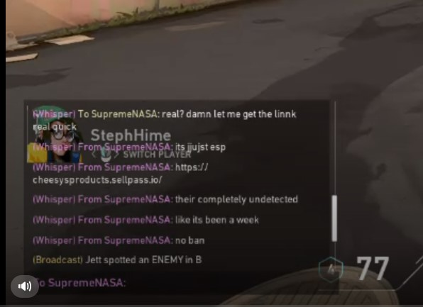 Stephyhime135's tweet photo. its crazy that someone makes hacks and admits it in my friends whispers. he even sent the link and said its been undetected by @PlayVALORANT for a whole week. https://t.co/dpnm7cfIgS