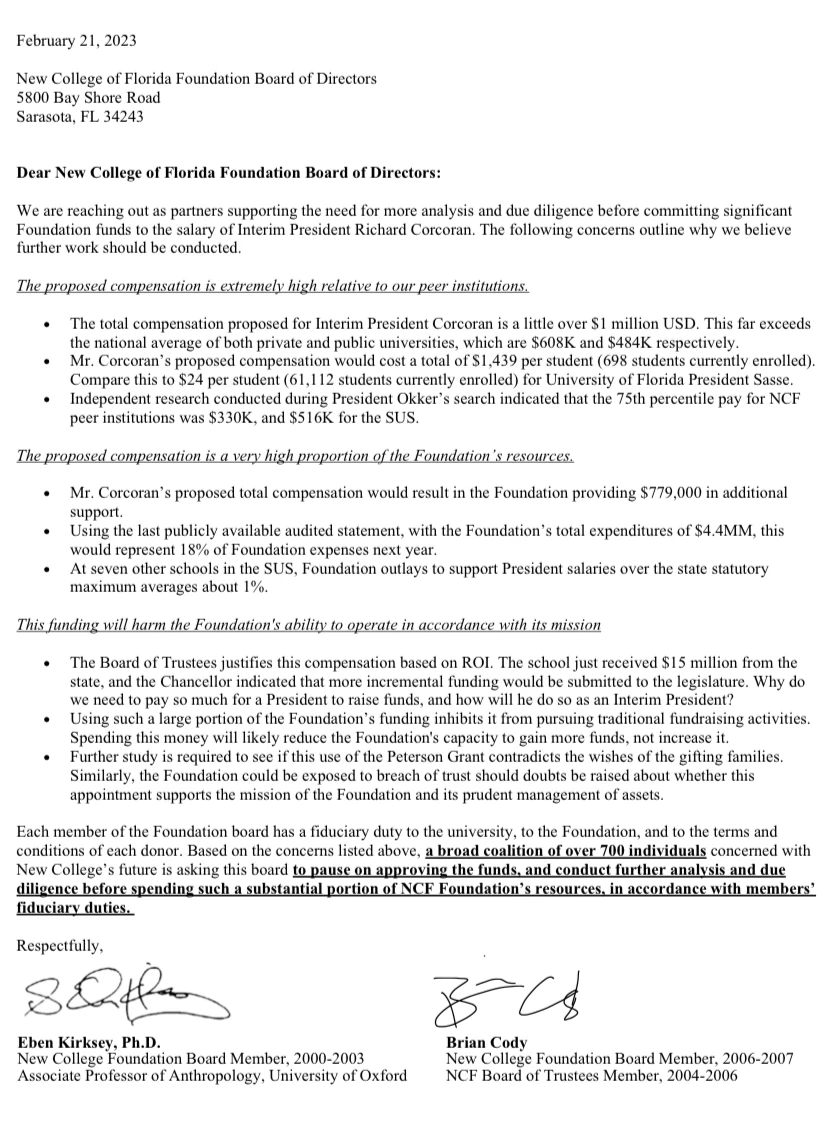Rep. Anna V. Eskamani 🔨 on Twitter: "ICYMI: Two former @NewCollegeofFL  Foundation Board Members have written a letter to current board members  asking that they consider their fiduciary responsibilities regarding the  supplementation