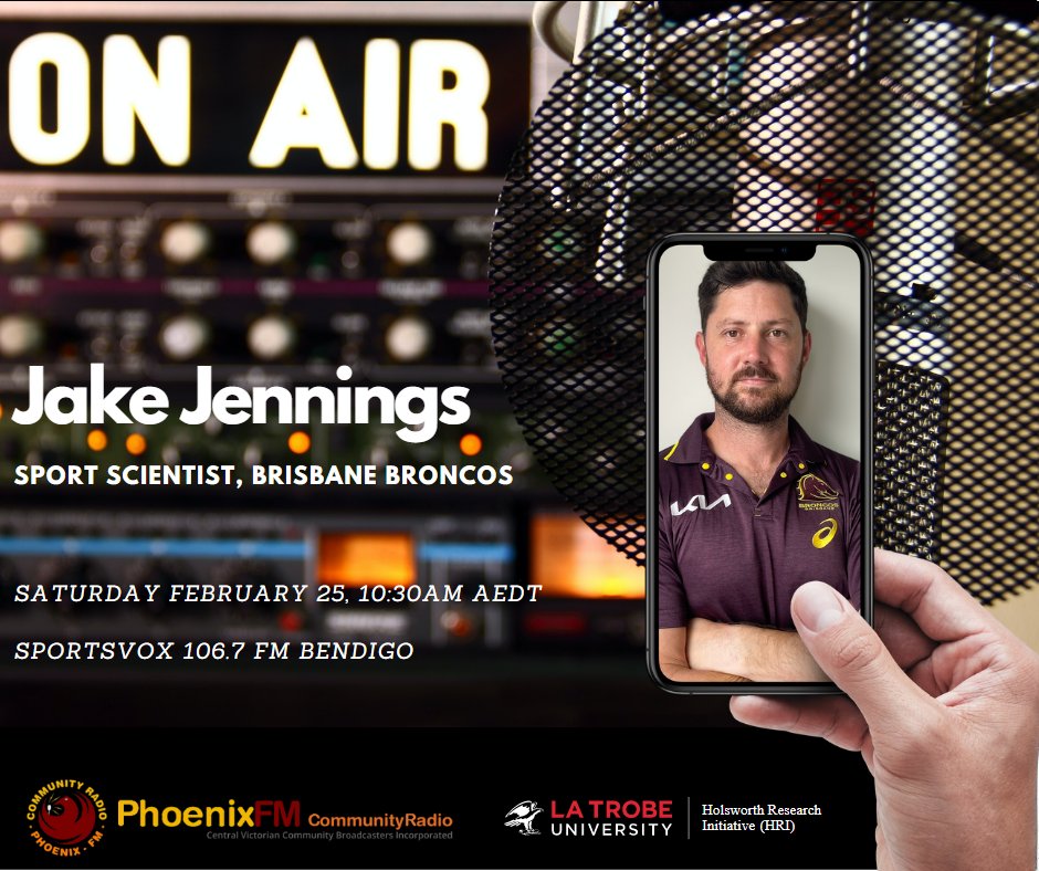Listen to HRI PhD candidate @JakeJennings speak about his research journey that has taken him from the <a href="/bendigopioneers/">Bendigo Pioneers</a> all the way to to the <a href="/NRL/">NRL</a> 

Tune into SportsVox Phoenix FM 106.7 Bendigo Saturday Morning at 10:30am AEDT
<a href="/brisbanebroncos/">Brisbane Broncos</a> #sportscience <a href="/dockergirl73/">Tanya Jones</a>