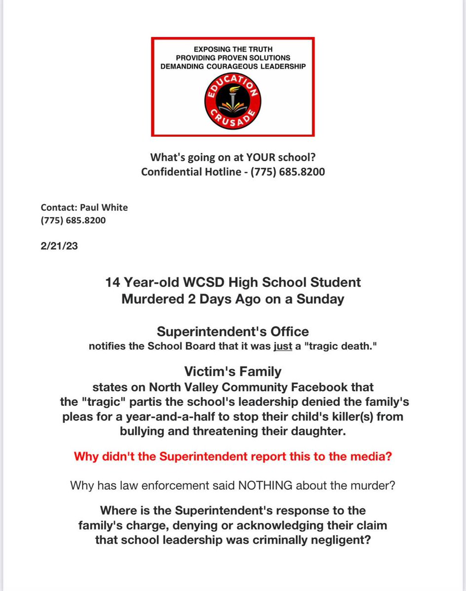 Ed_Crusade's tweet photo. 14 Year-old WCSD High School Student Murdered 2 days ago. 

#WCSD #SaveOurChildren #FightForOurChildren #ExposeTheTruth #ProvideSolutions #DemandLeadership #Courage #EducationCrusade 

https://t.co/4mYoodR96o https://t.co/s7GytbvL6r