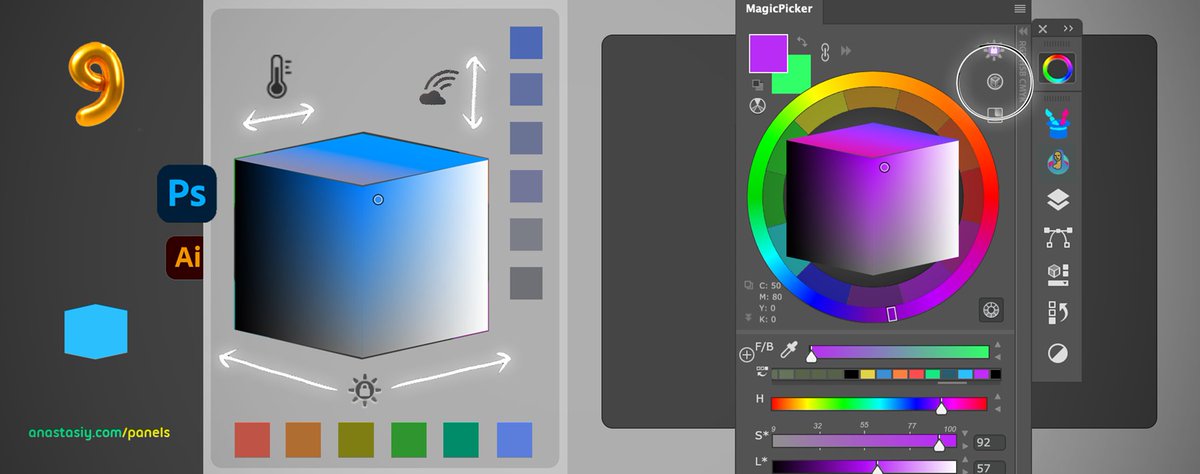 PhotoshopPanels's tweet photo. Tip#121: Use MagicPicker 9’s Cube 🔮, new color space for quick digital art in #Photoshop. Preserve lightness vertically, saturation horizontally - for any hue. Left side is darks, right is lights, top is temperature. Co-created with top art studios https://t.co/3CBa4DfTeD https://t.co/A0FOFXPPas