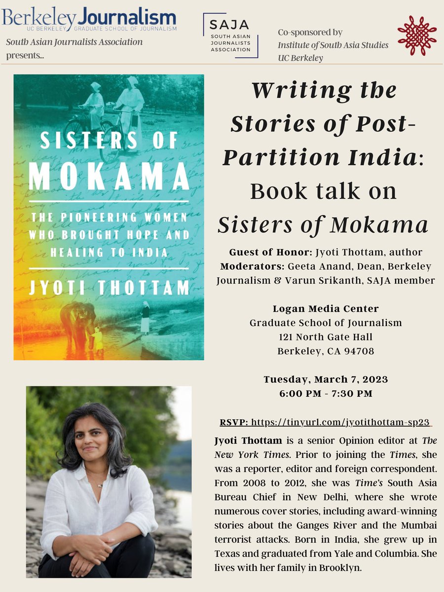 SAJABerkeley's tweet photo. The Berkeley Journalism South Asian Journalists Association (SAJA) warmly invites you to Writing the Stories of Post-Partition India: A Book talk on Sisters of Mokama with author Jyoti Thottam. https://t.co/cfEFyEaFH1