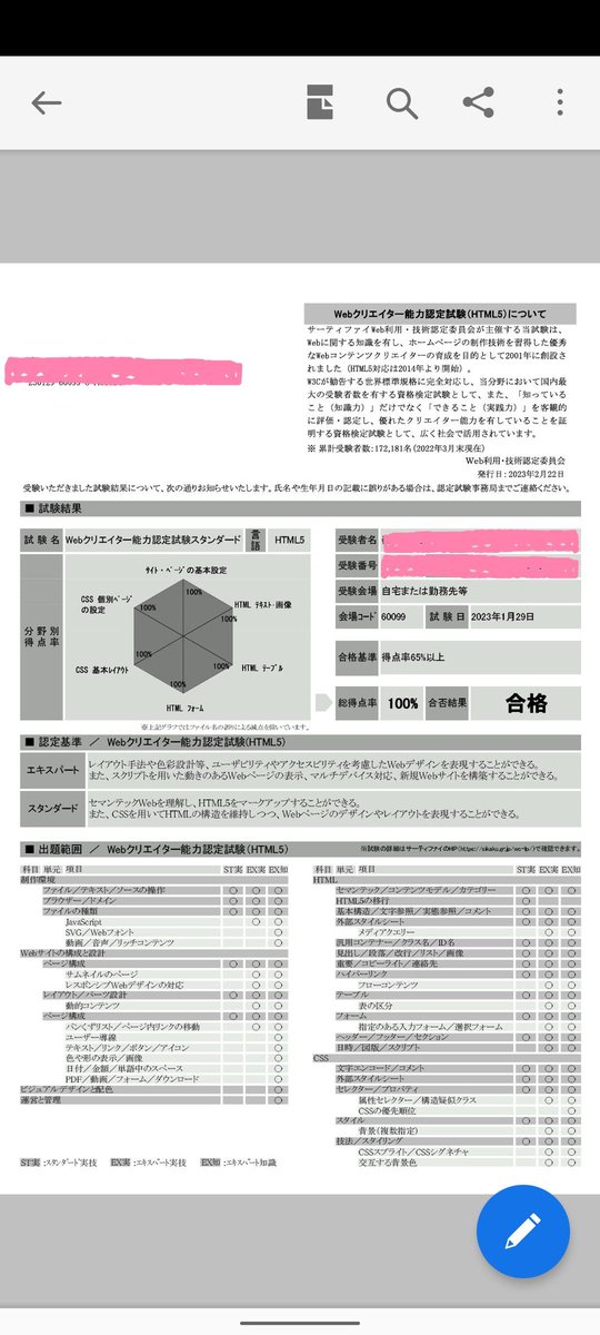 sachiedayo's tweet image. 先月、自宅受験した『Webクリエイター能力認定試験 スタンダード』に満点合格しました💯

試験のときに限って、PCが固まって動かなくなるという事象が2回も起こり、パニックになったのであかんかも…と思ってたから嬉しい😭
#Webクリエイター能力認定試験 #Webデザイン #Webクリエイター #Web制作