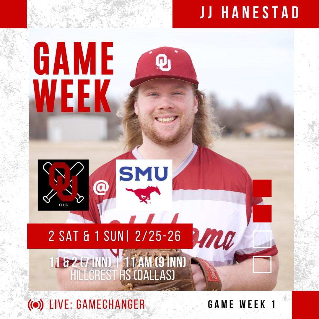 Hello Game Week! 🚨

⏰ Saturday 11 &amp; 2 | Sunday 11 AM  

🏠 Hillcrest HS (Dallas, TX)

🎥 Watch live on Gamechanger! 

Saturday will be 2, 7 Inning games. Sunday will be 9 Innings. 

#Boomer #sooner #boomersooner #baseball
