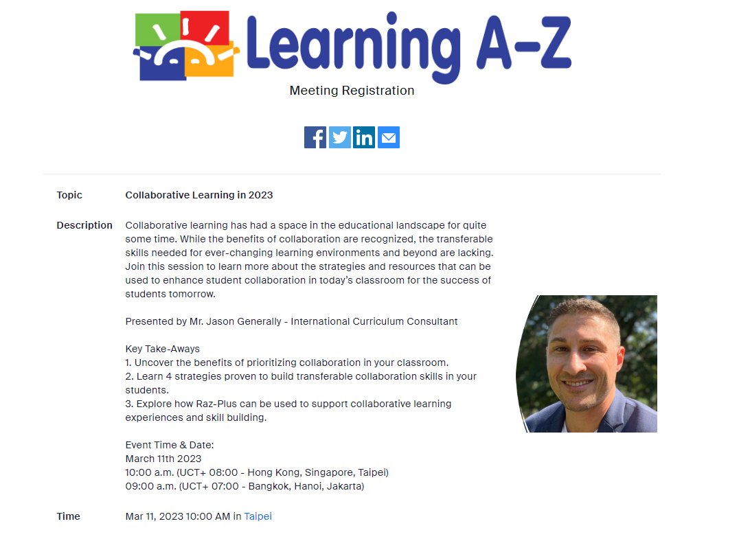 LibraryHISKL's tweet photo. Information for all literacy/English teachers!  There will be a  60-minute free webinar on collaborative learning organised by Learning A-Z org. @HELPISKL #HIS_Learning

For registration link: https://t.co/rZgwQoUGFU

Time &amp; Date:
March 11th 2023
10:00 a.m. (UCT+ 08:00) https://t.co/qPMl3Fi1hA