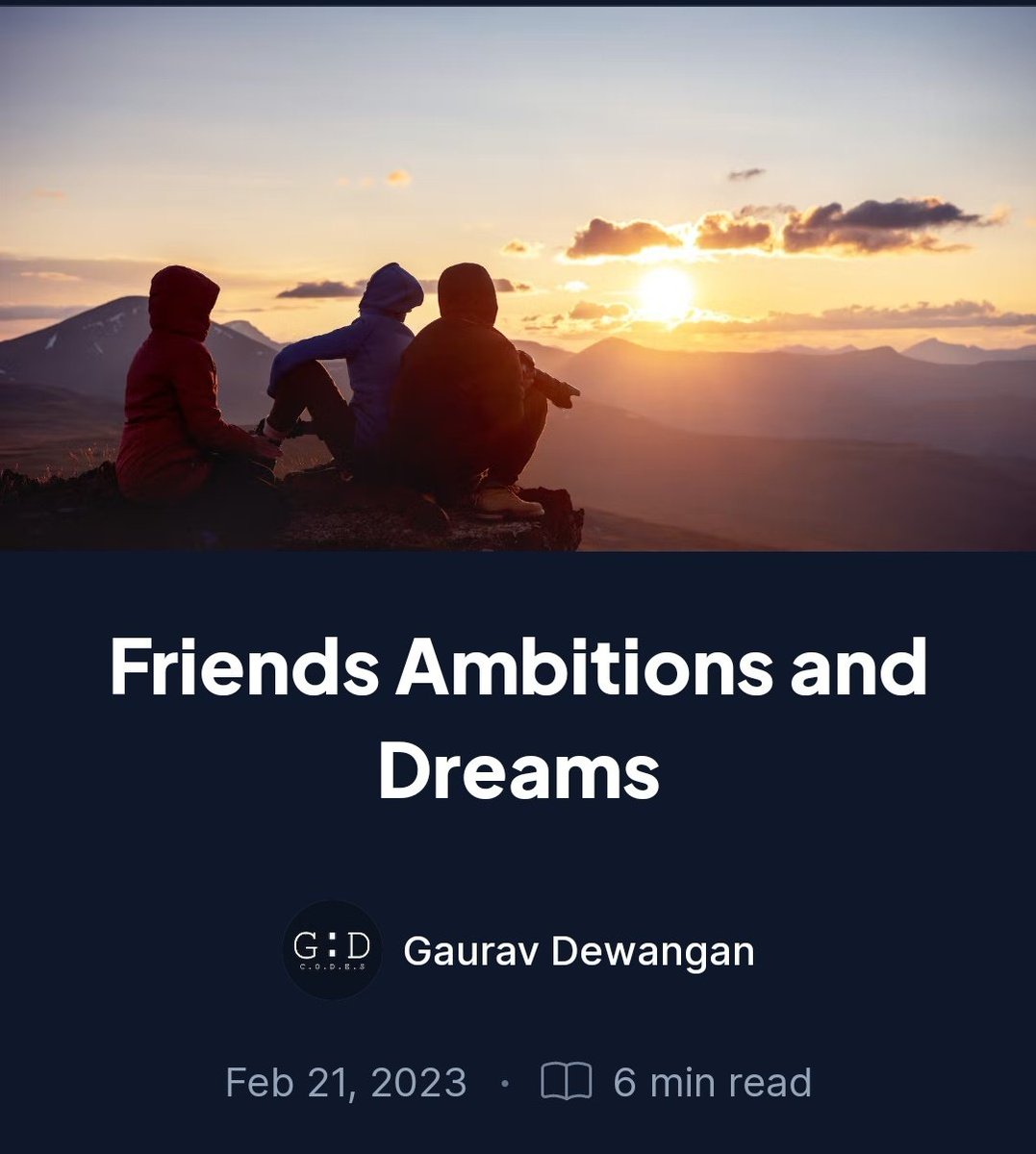 Gaurav__GD's tweet image. Published my first public blog Yesterday! It&apos;s not about tech or programming but about friends, ambitions and dreams. Do give it a read!
blogs.gauravdewangan.codes/friends-ambiti…