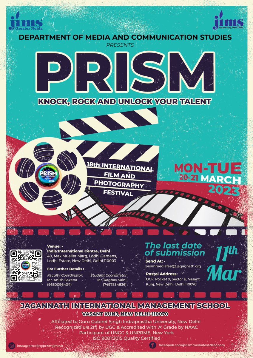 JIMS_GN's tweet photo. PRISM International Film and Photography Festival of the Department of Media and Communication Studies of Jagannath Institute of Management Studies (Vasant Kunj & Greater Noida).
#18thPRISM #FilmFestival #MediaEducation
https://t.co/4L53RExCCQ https://t.co/DWINVey2z2