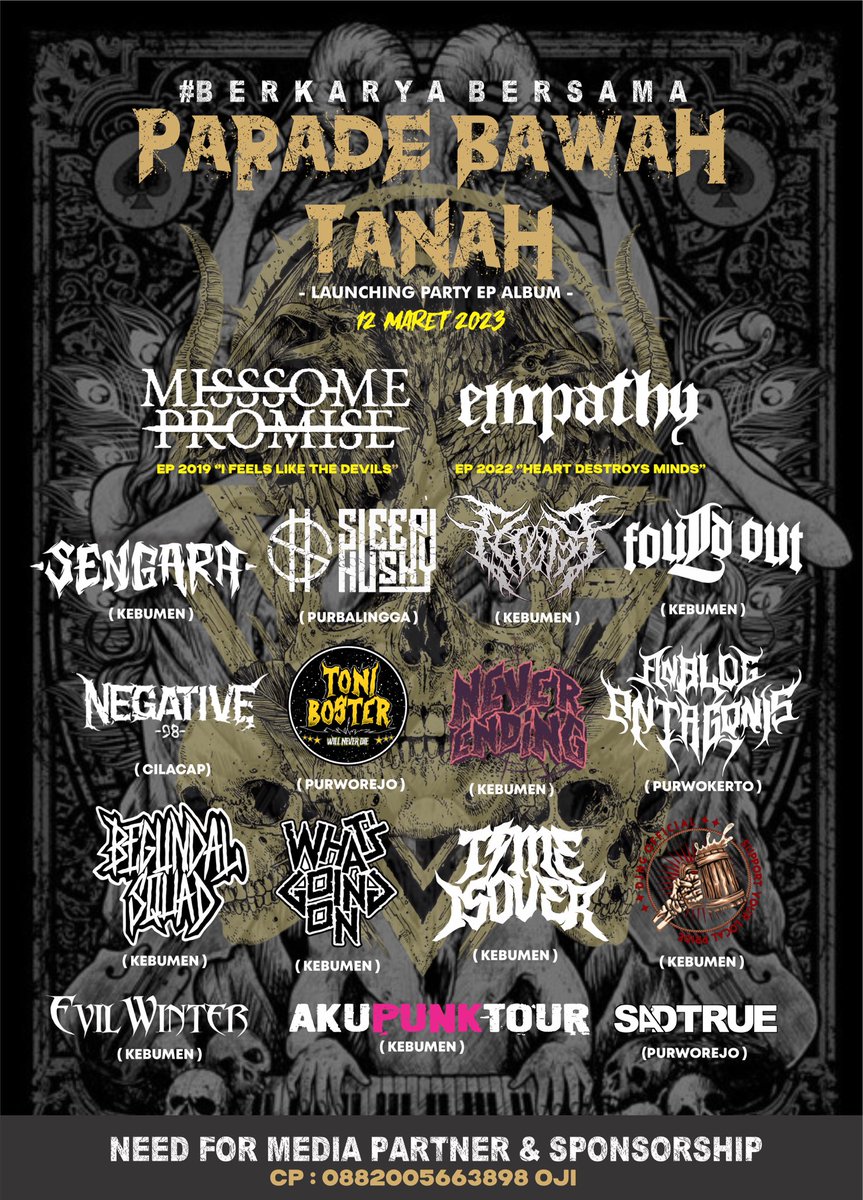 Parade Bawah Tanah 
Open Sponsorship 🤝🔥
#paradebawahtanah #gigsmetal #undergroundmusic #metalmusic #eventmusic #musicindie #musikkeras #berkaryabersama