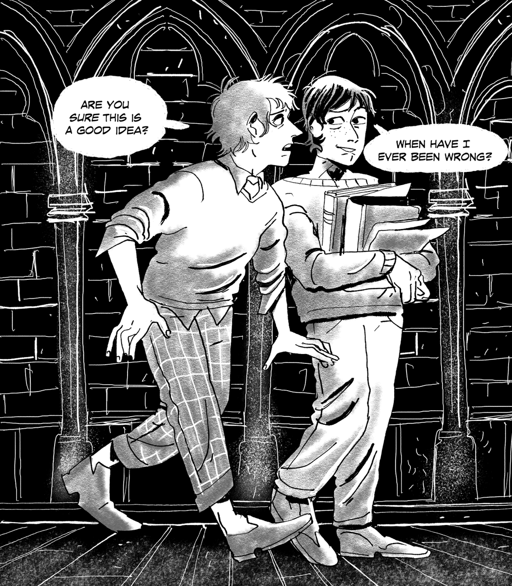 A rough style test for a short comic idea about two magic boys who have the best ideas 