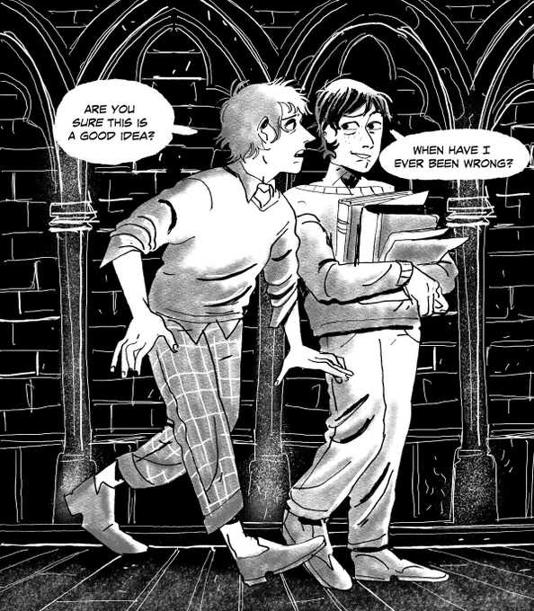 A rough style test for a short comic idea about two magic boys who have the best ideas 