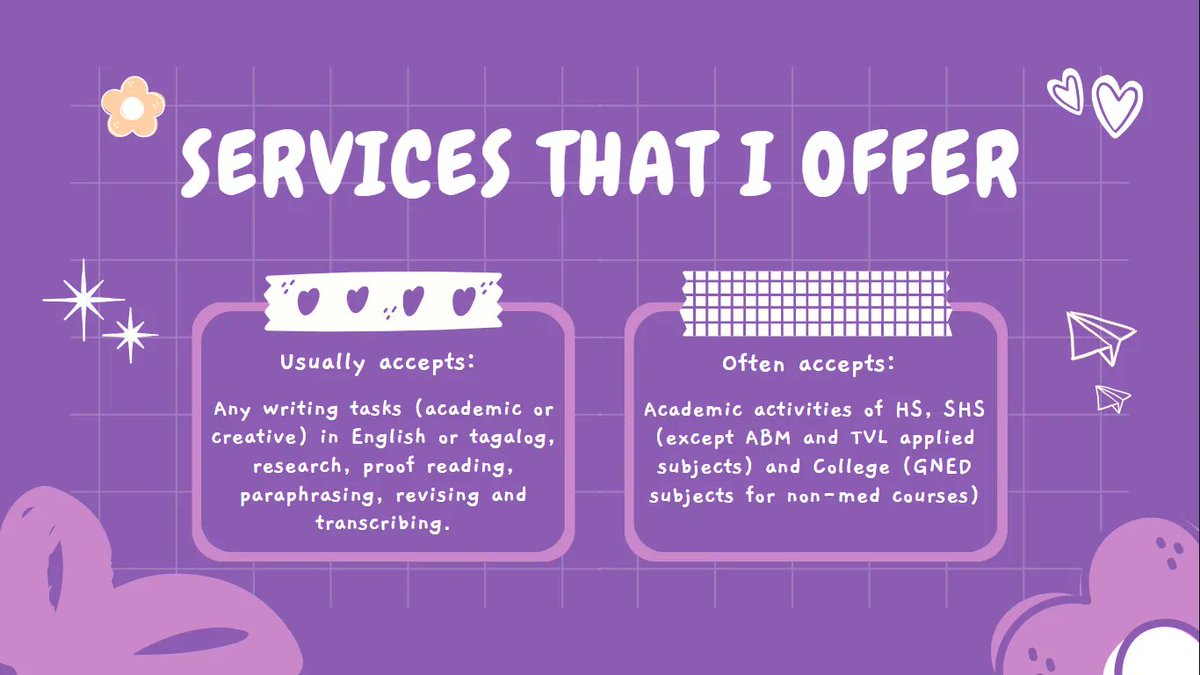 TheProjectNing's tweet image. ✨ Welcome! ✨

I&apos;m Ningning, a freelance writer from the Philippines 🇵🇭

To know more about me and the services that I offer, check out the attached images. Let&apos;s help each other! 

— for my clients’ feedback &amp;amp; grades: #TheProjectNing💜
– for slots update: #TheProjectNingUD🔮