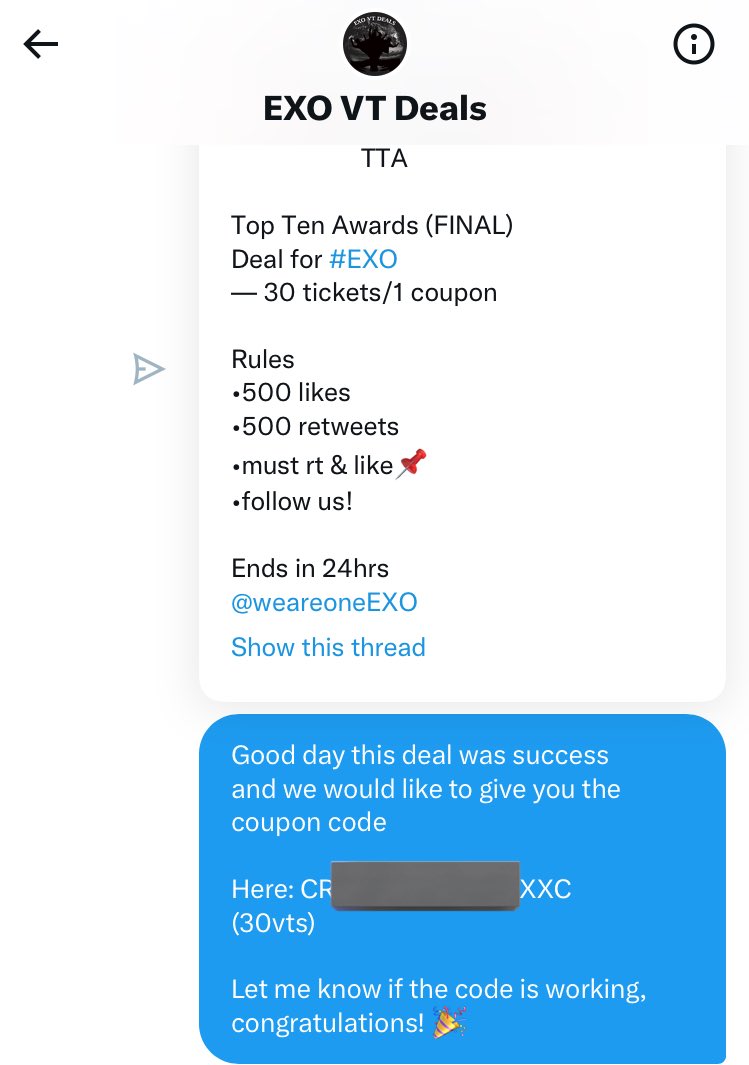 smfreevotes's tweet image. App: TTA
Event: Top Ten Awards (FINALS)
Participant: #EXO  

1 coupons code (30 tix) were already sent to @EXOVOTINGDEALS 

@weareoneEXO
#SMfv_GA