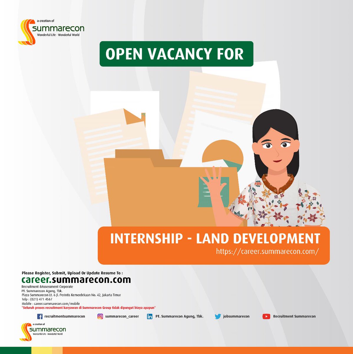 summareconkarir's tweet photo. OPEN RECRUITMENT
INTERNSHIP - LAND DEVELOPMENT
For more information, please click here: https://t.co/WiCbq9YkHo
#summareconagung #summarecon #summareconcareer #webcareer #career #loker #infoloker #loker2022 #infoloker2022 #lowongankerja #jobvacancy #lokerjakarta https://t.co/BI1qK0sMtm
