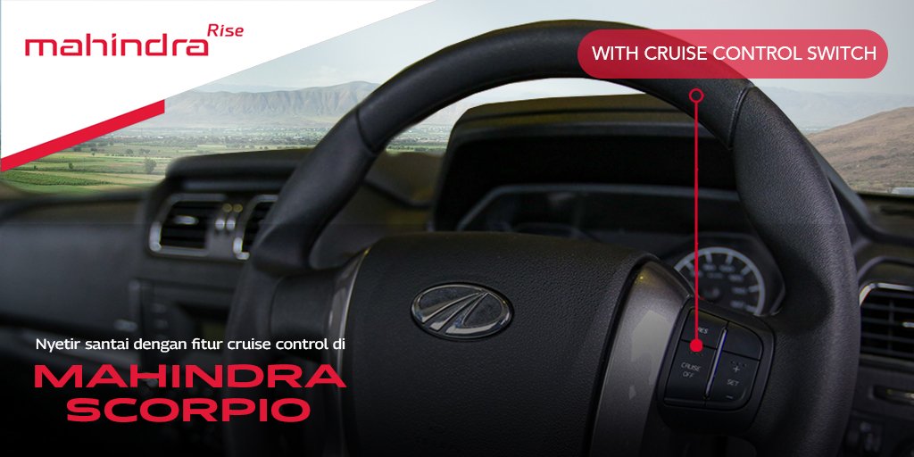 Mahindra_id's tweet photo. Ada satu fitur modern yang ada di #MahindraScorpio: Cruise control. Dalam posisi menyetir di jalur yang stabil, tombol yang terdapat di sisi kanan stir kemudi ini, bisa membuat kendaraan melaju konstan tanpa perlu ditekan pedal gasnya. Hemat tenaga buat pengemudi! https://t.co/3SVmQLtHtk