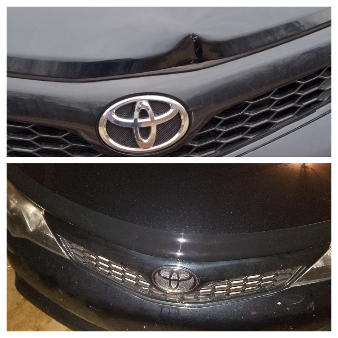 ALWearyDad's tweet photo. Our daughter incurred a small dent in her front hood. Rather than spending $500+ on a repair or hood replacement, a $75 hood protector hides the dent just fine. #CheapFix #HideIt https://t.co/16xaBlNjwe