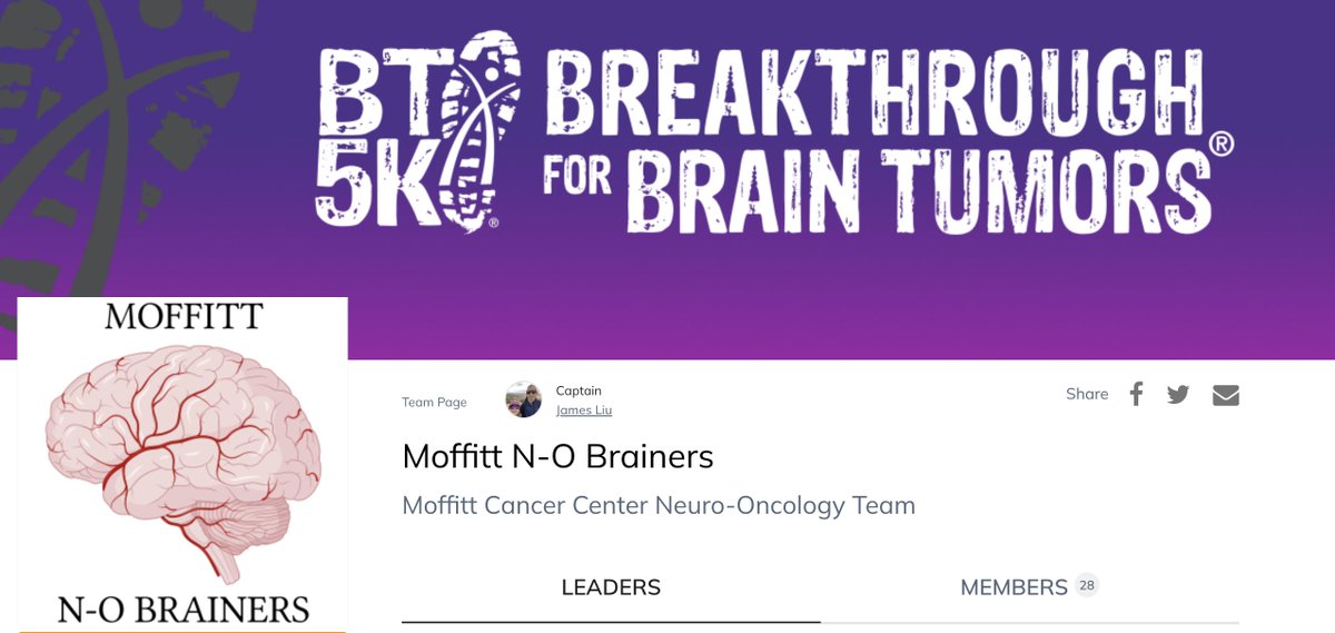 The Moffitt N-O Brainers, representing the Department of Neuro-Oncology, will be running in this year's Brain Tumor 5K (BT5K) on March 18, 2023. Join our team or make a donation to help support the American Brain Tumor Association! @theABTA  give.abta.org/team/469447 @MoffittNews