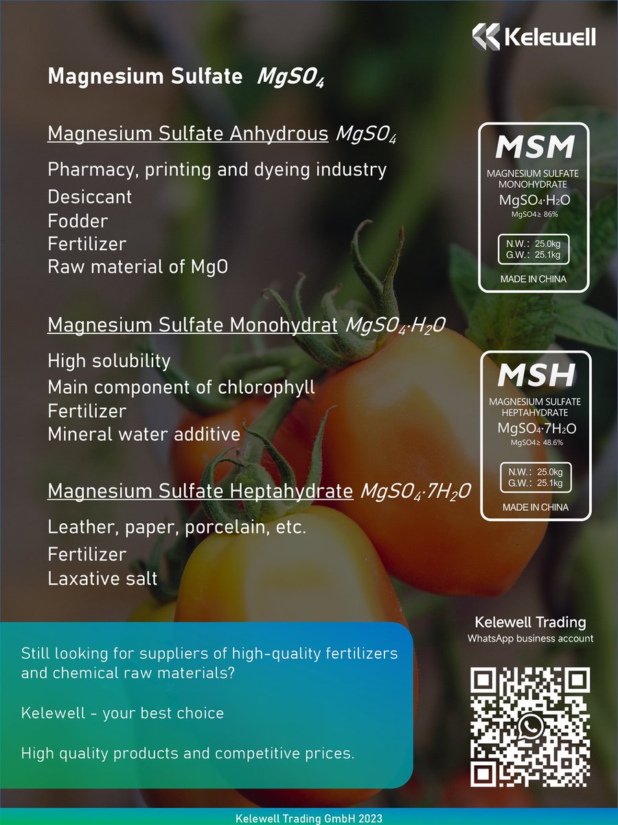 kelewell's tweet photo. Magnesium sulfate is a common component used in medicine. There's magnesium sulfate monohydrate, magnesium sulfate anhydrous and magnesium sulfate heptahydrate, and can be used as fertilizers, desiccant, feed, etc.
#MgSO4
#fertilizer
#chemical
#magnesiumsulfate
#chinabusiness https://t.co/wJist6gbbG
