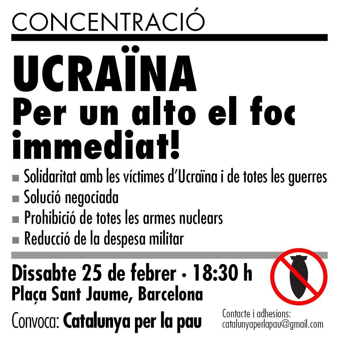 voluntaris_cat's tweet photo. 🕊️La #FCVS ens adherim a la crida 'Catalunya per la Pau' i donem suport al manifest i a la concentració de dissabte per demanar un alto el foc i la prohibició de totes les armes nuclears.
🗓️25/02/23
⌚18:30h
📍Pl. Sant Jaume
#CatalunyaperlaPau #aturemlaguerra #25febrer #Ucraina https://t.co/gmtldCoz3x