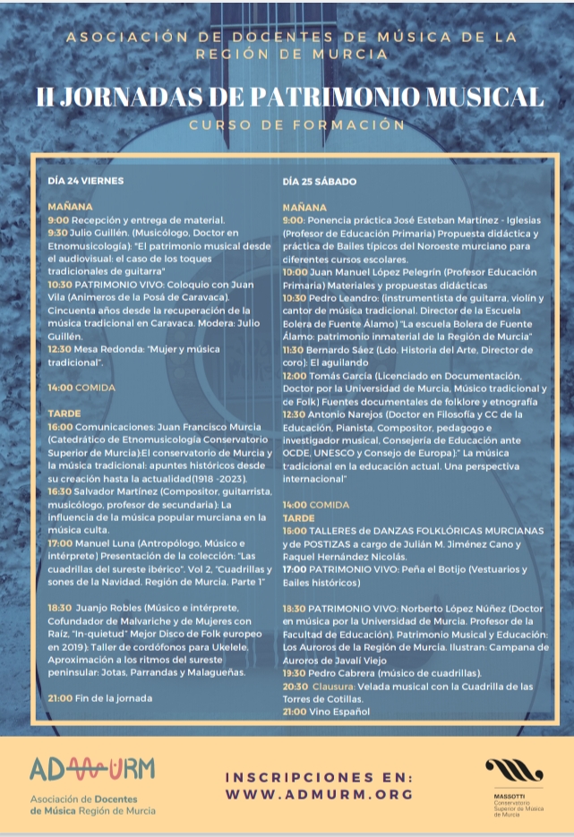 admurm_'s tweet photo. Aún estáis a tiempo de participar en nuestras II Jornadas de Patrimonio Musical de la Región de Murcia. Hasta las 18:00 podréis inscribiros en nuestra web. Ponencias, mesa de debate, Música en vivo y tres Talleres de formación. Inscríbete en: 
https://t.co/82LVVDT99V https://t.co/n3CqByifSS